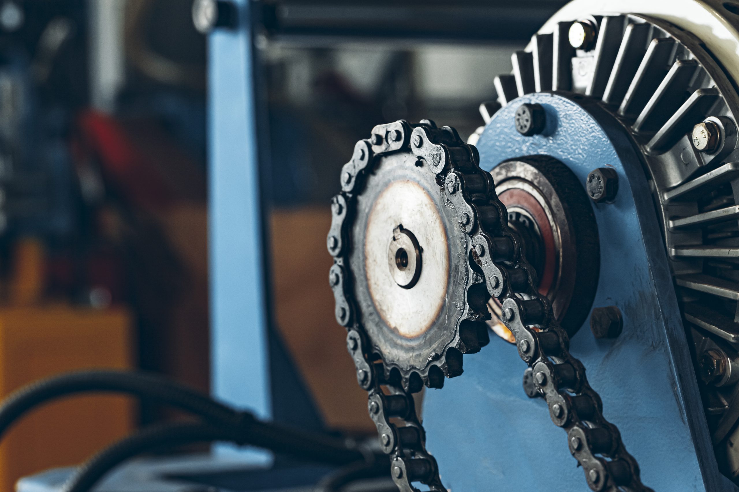 Metal chain of conveyor belt on production line on cable factory